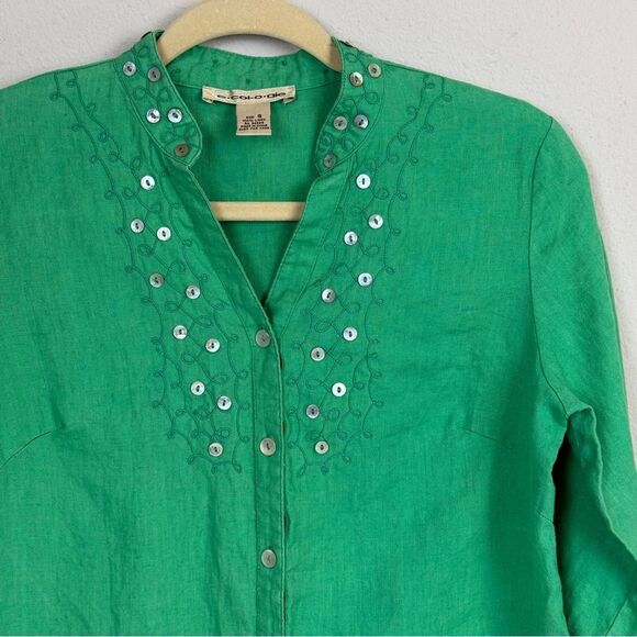Ecologie Green Linen Embroidered Convertible Sleeve Shirt S - Picture 2 of 7